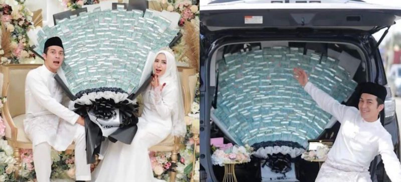 Pengantin angkut jambangan duit hantaran gergasi bernilai RM15K di hari pernikahan