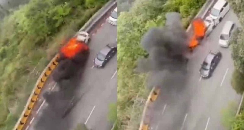 Kereta terbakar mengundur menuruni bukit