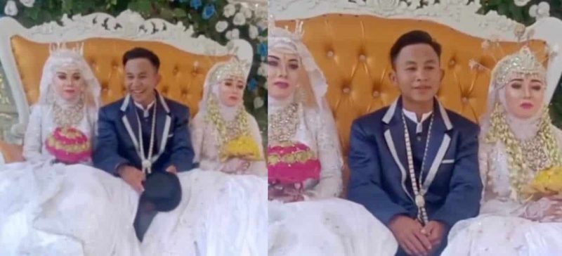 Lelaki tersenyum lebar atas pelamin dapat kahwin kembar serentak, netizen perasan pengantin perempuan macam sedih