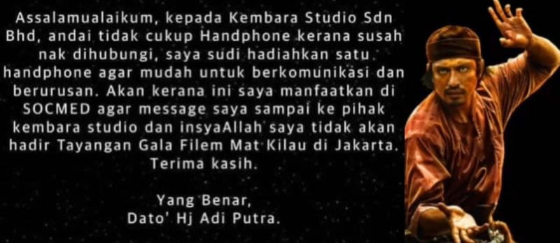 Adi Putra berang Kembara Studio gagal dihubungi, tidak mahu hadir tayangan gala Mat Kilau di Jakarta