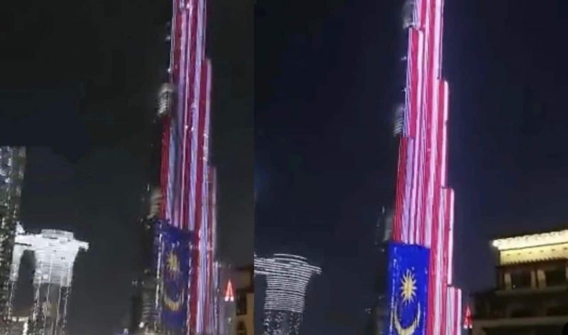 Cahaya jalur gemilang menghiasi bangunan tertinggi dunia Burj Khalifah sempena Merdeka