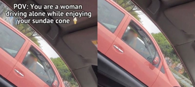 Makan aiskrim dalam kereta, wanita cuak diekori dan diperhatikan lelaki tua