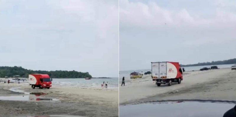 [Video] Abang J&T bawa lori sampai ke pantai, netizen syak sesat guna waze