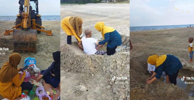[Video] keluarga ini raih perhatian, tanam kaki bapa strok di pantai sebagai ikhtiar sembuh