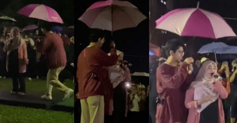 Tengah perform hujan turun, peminat bersorak Najwa Latif di payung suami
