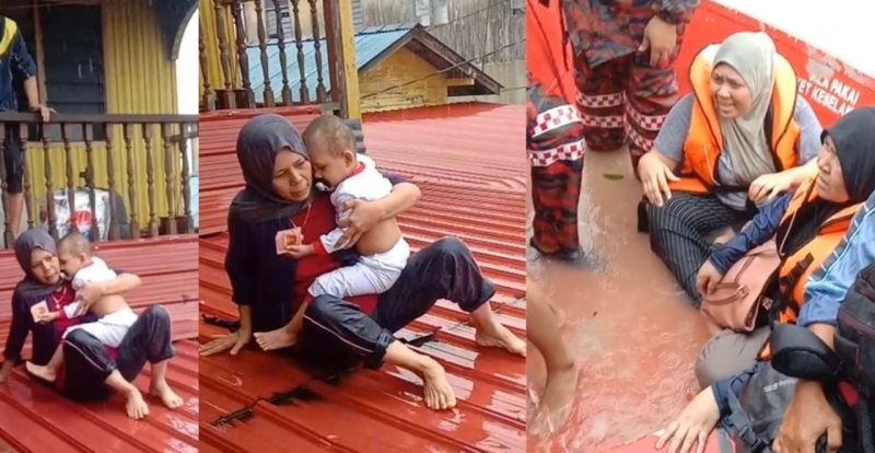 Rumah hampir ditenggelami banjir, Ibu nekad gagahkan diri jalan atas bumbung sambil dukung bayi