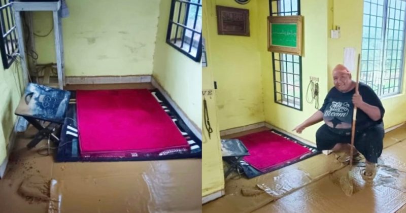 Satu surau banjir teruk & carpet berselut, netizen tergamam ruang solat imam bersih kering macam baharu
